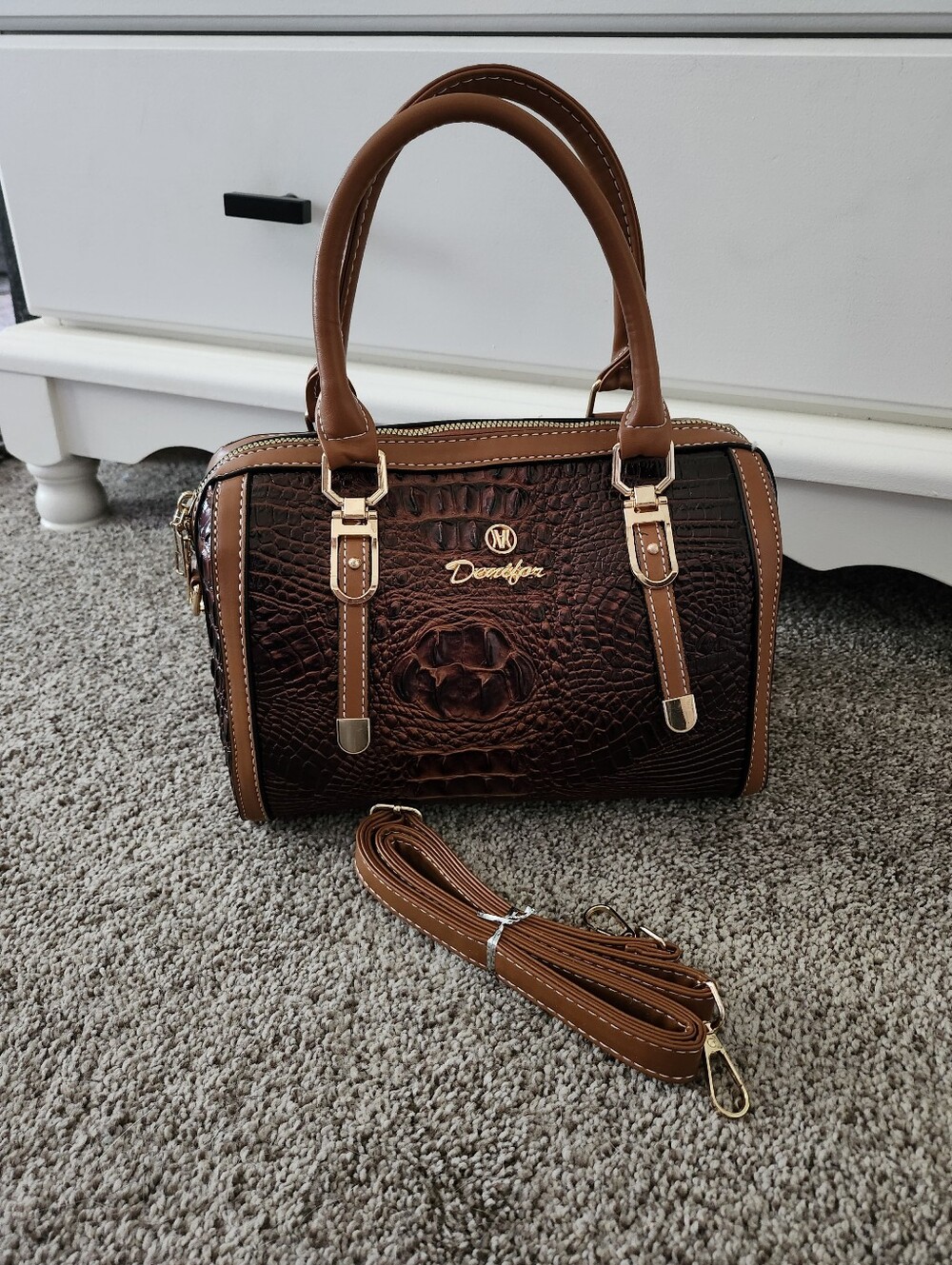 Brown Croc-Embossed Satchel Handbag